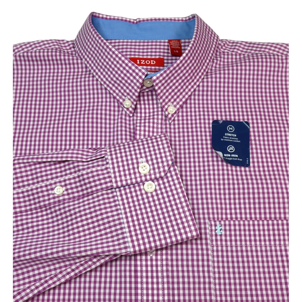 Izod Button Down Long Sleeve Shirt Men Large Raspberry/White Gingham No-Iron NWT